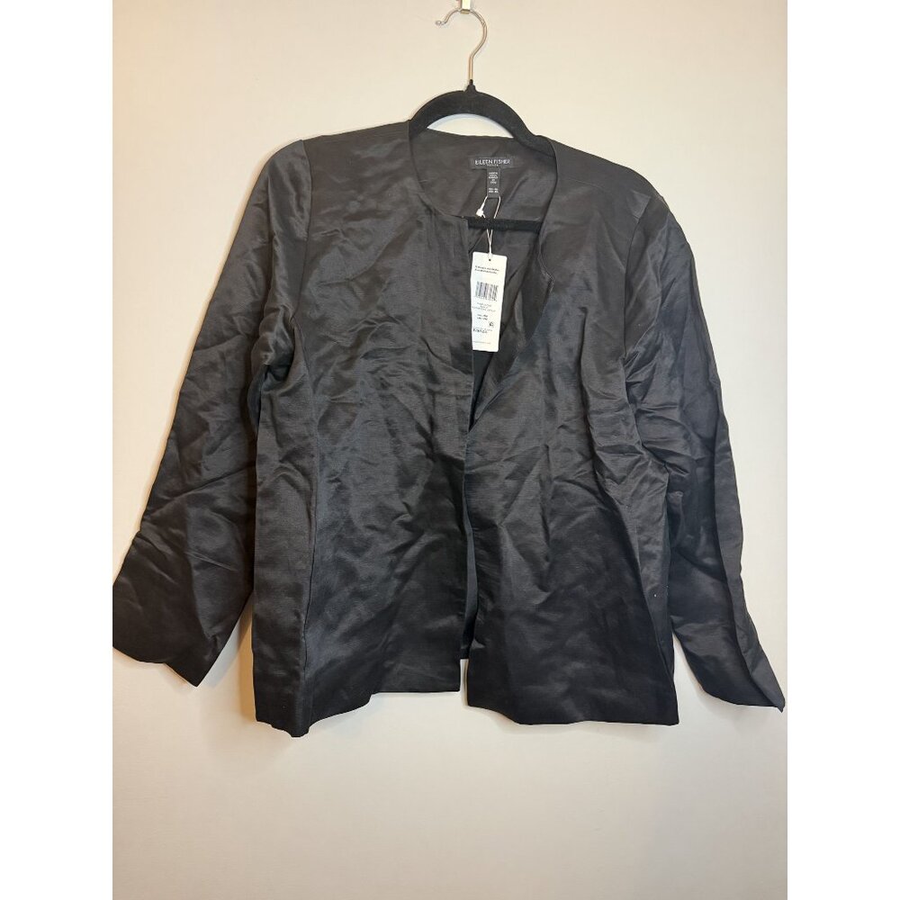 NWT Eileen Fisher Linen Silk Satin Round Neck Jacket Black Sz PM $298 [jb] - Picture 11 of 12